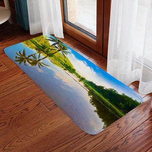 Absorbent flannel runner rug with scenic palm lake print for entryway or hallway decor