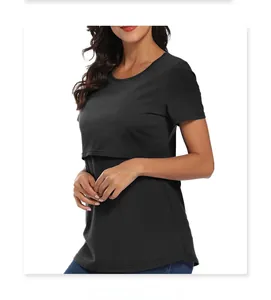Detail of black nursing T-shirt showing double-layered breastfeeding opening design