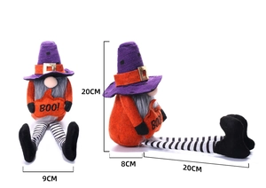 Detail of Halloween gnome with orange body, BOO pumpkin and long striped legs
