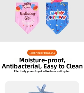 Detail of pink Birthday Girl and blue Happy Birthday pet bandanas with antibacterial fabric