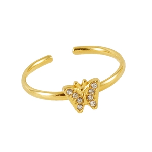 Adjustable golden butterfly open ring with sparkling crystal stones for women
