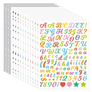 Close-up of 12-sheet colorful alphabet and number stickers for DIY scrapbook decoration
