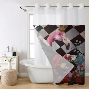 Detail of waffle print shower curtain featuring a pink flamingo and floral design