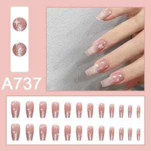 Nude pink press-on nails set with silver glitter gradient and white stars and hearts