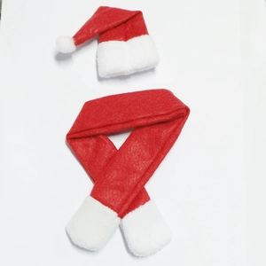 Christmas wine bottle decoration set with red and white Santa hat and fuzzy scarf