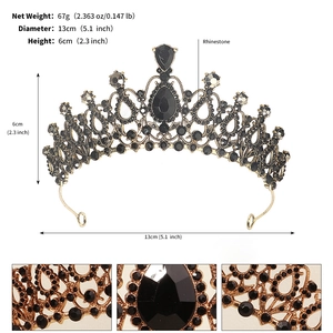 Detailed specs of black rhinestone crown with weight, diameter, and height dimensions