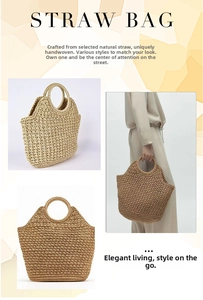 Detailed close-up of handmade straw tote bag showing thick texture and round ring handles