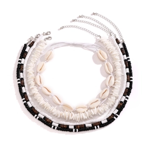 Bohemian shell and wooden bead multi-layer necklace set with clay accents in silver tone