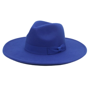 Detail of royal blue wool fedora with elegant wide brim and matching grosgrain bow