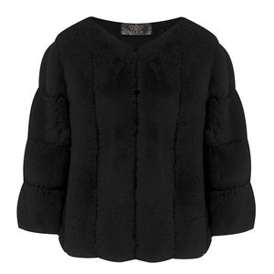 Detailed view of black faux fur jacket showing tiered horizontal stitching and V-neckline