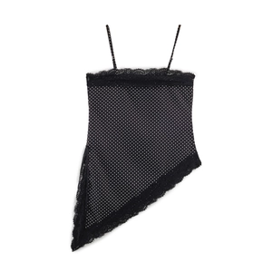 Polka dot camisole with black lace trim and asymmetrical hem on white background