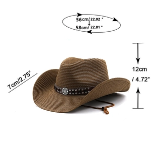 Detailed size guide of brown woven cowboy hat with leather band and adjustable drawstring
