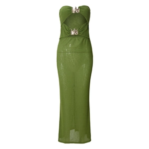 Detail of olive green backless dress featuring knit fabric and metal star buckles