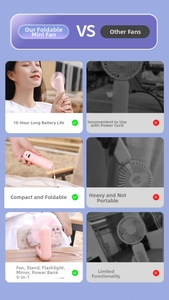 Pink 5-in-1 portable folding fan with power bank, flashlight, mirror and phone holder