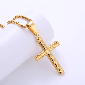 Retro Cross Pendant Necklace 316L Stainless Steel 18K Gold Plated Embossed Texture Box Chain Vintage Religious Jewelry