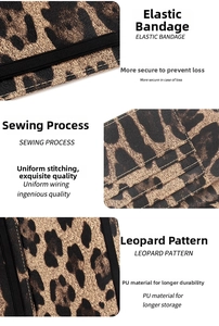 Close-up of leopard print PU leather passport holder with elastic band and fine stitching
