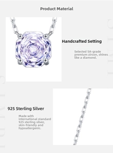 Detailed view of octagon lavender zircon pendant and 925 sterling silver chain