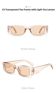 Front and side view of retro rectangular tea colored sunglasses with thick temples