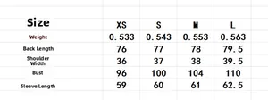 Detailed size chart for oversized double-breasted blazer with measurements in centimeters