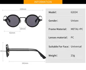 Detailed size chart for retro round punk sunglasses with metal and PC frame dimensions