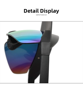 Macro detail of rimless sports sunglasses with rainbow gradient flip-up lenses