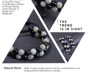 Detail view of double-layer moonstone beaded bracelet with black hand-woven cord
