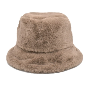 Detail of soft faux fur texture on a thick khaki winter bucket hat for women