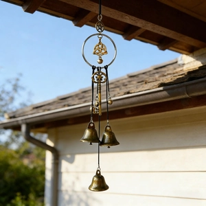 Detailed close-up of bronze witch bells with Celtic knots and star charms outdoors