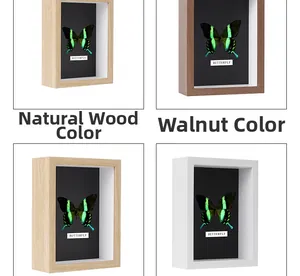 Detail view of 3D deep shadow box frame options in walnut, original wood, and white finish