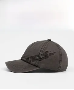 Detail view of washed cotton baseball cap featuring sport embroidery and metal plate logo