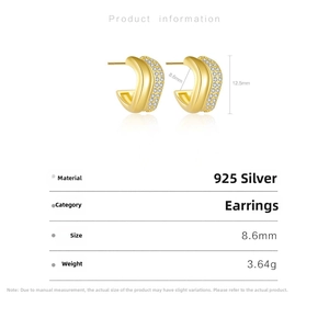 Detailed specs of C-shaped 925 silver gold plated hoop earrings with pavé crystals