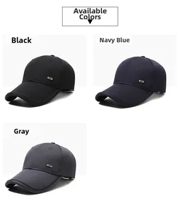 Detailed close-up showing black, navy, and grey baseball caps with side metal buckles