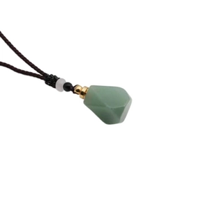 Irregular green malachite perfume bottle pendant with golden hardware on braided rope
