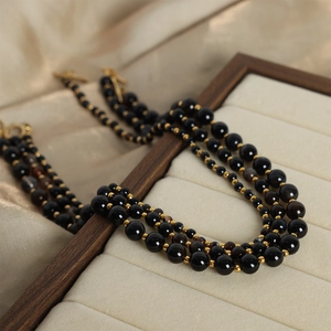 Vintage multi-layer black agate beaded necklace with gold spacer beads and OT buckle