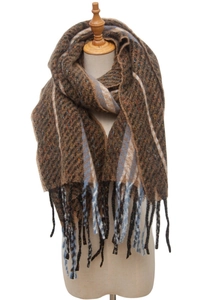 Detailed view of brown herringbone scarf with blue stripes and tassels on mannequin