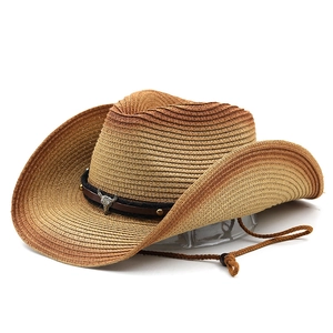 Handwoven western cowboy straw hat with gradient finish and bull head emblem