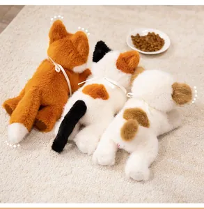 Detailed view of three realistic plush cats with white bows on a beige carpet background