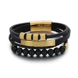 Men's multilayer black braided leather bracelet with gold metal bar and magnetic clasp