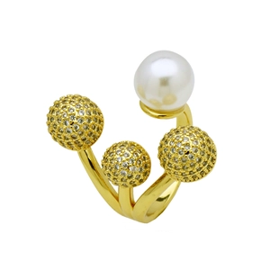 Elegant gold plated open ring with white pearl and shimmering zircon spheres for women