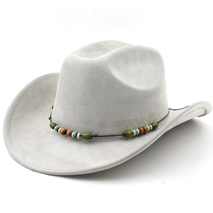 Detail of light grey suede cowboy hat with braided beaded band and stitched brim edge