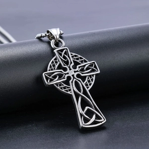 Retro Viking Celtic cross pendant in vintage silver finish with detailed knot engravings