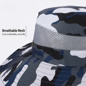 Breathable mesh sun hat with blue camouflage pattern and wide brim for hiking