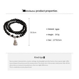 Detailed view of multilayer black agate beaded bracelet with money bag pendant and dimensions