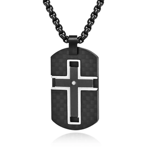 Polished carbon fiber cross dog tag necklace with a small diamond for men