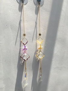 Macro shot of purple amethyst and yellow gems suncatcher with crystal ball prisms