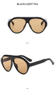 Front and side view of oversized black aviator sunglasses with light tea lenses