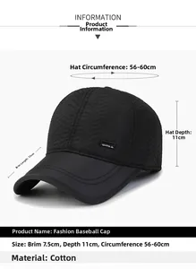 Detail view of cotton baseball cap with Z-wave texture and size specifications chart