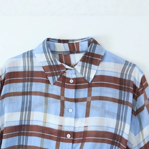 Classic blue and brown plaid ramie shirt dress with lapel and white resin buttons