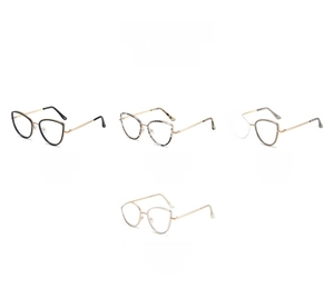 Cat eye glasses frames set showing black gold, tortoiseshell, grey and transparent options