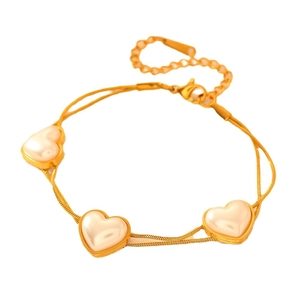 Double-layered gold heart bracelet with pearl finish charms and adjustable chain link